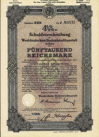 German 5000 Gold Marks Debenture Bond.  West Land Mortgage Bank In Koln 1939