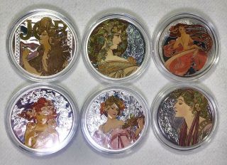 Full Set Of 6 Colorized Silver Alphonse Mucha Coins - Job Dance Rose Ivy Laurel