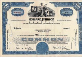 Stock Certificate Howard Johnson Company Broker Merrill Lynch 1968