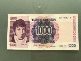 Tusen Kroner Norges Bank 1000 Norwegian Money Norway 1989 Vi