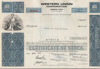 Stock Certificate Western Union Delaware Broker Merrill Lynch 1971
