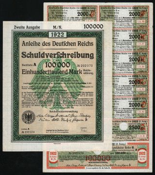 1922 Berlin,  Germany: 100000 Mark Treasury Bond / Schuldverschreibung
