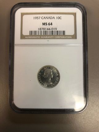 1957 Canada Silver 10 Cents Ngc Ms 64 - Silver