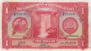 1 Dollar Vg Banknote From British Guyana 1938 Pick - 12 Rare