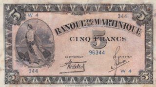5 Francs Vg - Fine Banknote From French Martinique 1942 Pick - 16 Rare