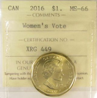 2016 Canadian One Dollar Coin Iccs Graded Ms - 66 Women 