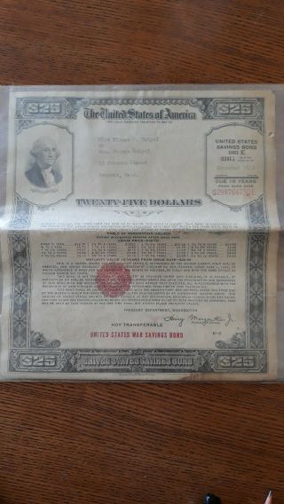 1943 25.  00 Dollar United States War Bond Rare Series E Rare