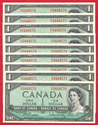 ✪ 9 Consecutive 1954 $1 Bank Of Canada Notes H/f Changeover Prefix - Au/unc
