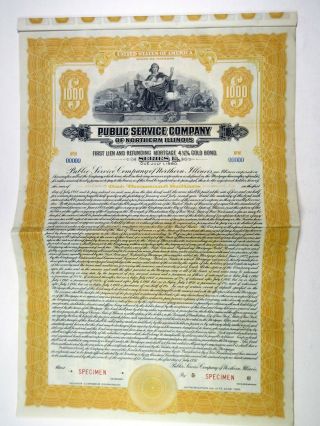 Il.  Public Service Co.  Of Northern Illinois,  1930 $1,  000 Specimen Coupon Bond