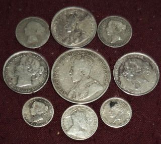 9 Victoria - George Vi Newfoundland Sterling Silver Coins,  5 Cent - 50 Cents