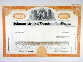 Ny.  Tishman Realty & Construction Co,  Inc 1977 100 Shrs Specimen Stock Cert,  Xf