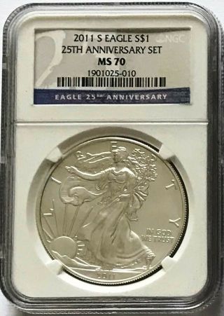 2011 S Silver Eagle Burnished Ngc Ms 70 25th Anniversary Set S Mark
