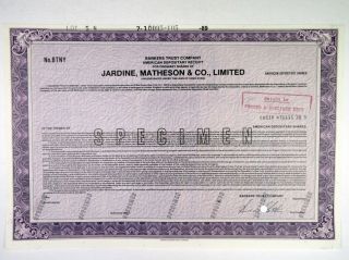Hong Kong.  Jardine,  Matheson & Co. ,  Ltd. ,  1989 Specimen Adr Certificate,  Xf Abnc
