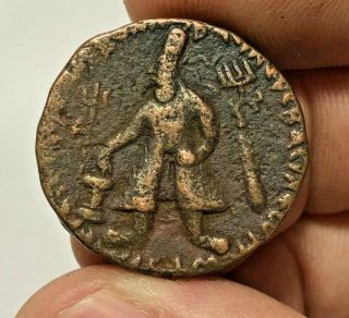 Ancient Indo - Greek Bronze Coin Tetradrachm Kushan Bull / Man 16.  0gr 27.  7mm