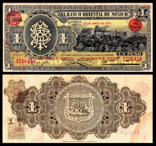Mexico Banco Oriental De Mexico - Estado De Puebla 1 Peso 1914 Pick.  S - 388 Vf /xf