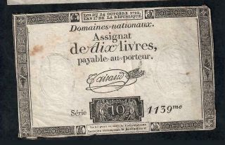 10 Livres Assignat From France 1792