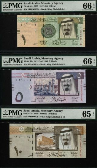 Tt Pk 31c,  32c,  33c 2012 Saudi Arabia 1,  5,  10 Riyals S/n 14 Pmg 66 Epq Set Of 3