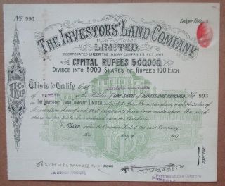 India 1917 The Investors’ Land Company Share Certificate