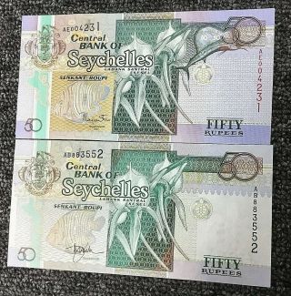 Transitional Pair 50 Rupees Central Bank Seychelles Swordfish Security Mark