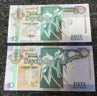 Transitional Pair 50 Rupees Central Bank Seychelles Swordfish Security Mark 3