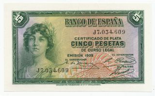 Spain,  EspaÑa - 5 Pesetas 1935.  P85,  Unc.  (s004)
