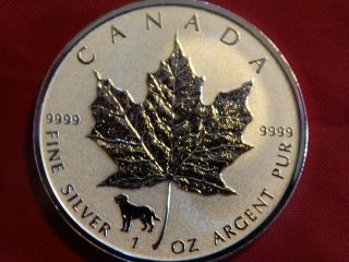 2018 1 Oz.  $5 Canada Maple Leaf W/ Dog Privy Gem Bu Silver Coin