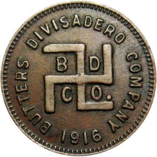 1916 El Salvador Good Luck Swastika Token Butters Divisadero 2 Reales Copper