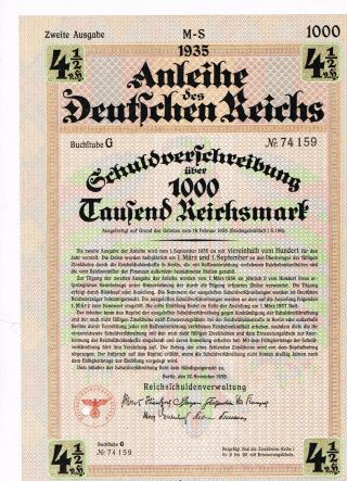 Deutsches Reich (iii Reich Bond),  Berlln 1935,  12.  November 1935,  1000 Reichsmark