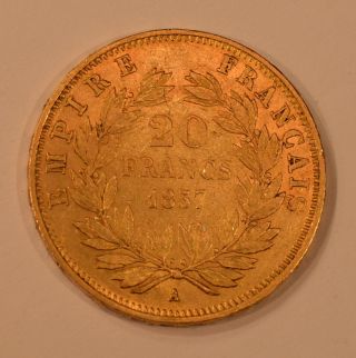 1857 - A France 20 Franc gold coin for Napoleon III Bare Head 2