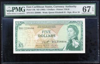 East Caribbean 5 Dollars Nd 1965 P 14 H Gem Unc Pmg 67 Epq High