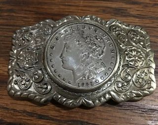 1921 Morgan Silver Dollar Belt Buckle Floral/western