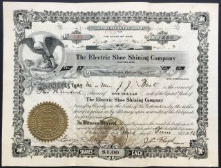 Electric Shoe Shining Company Stock 1912.  Canton,  Ohio.  Early Shoe Shine Machine