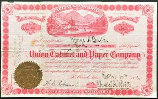 Union Cabinet & Paper Co Stock 1883 Portland,  Me Unique Vignette 
