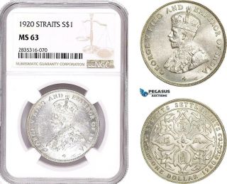 Ae184,  Straits Settlements,  George V,  1 Dollar 1920,  Bombay,  Silver,  Ngc Ms63