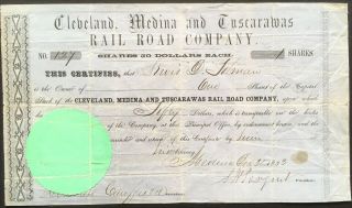 Cleveland,  Medina & Tuscarawas Rail Road Co Stock 1853.  Northern Ohio Railroad