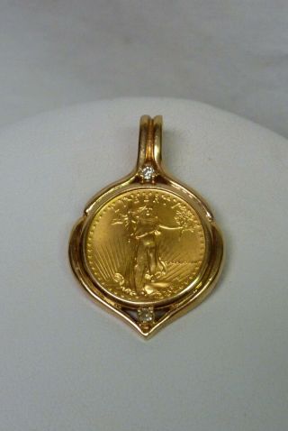 1987 1/10th Oz American Gold Eagle Pendant W/ 2 Diamonds I - 9150