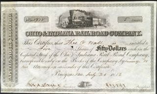 Ohio & Indiana Railroad Company Stock 1856 Bucyrus,  Ohio To Chicago Pre War