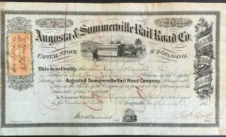 Augusta & Summerville Rail Road Co Stock 1868 Augusta,  Ga Pres.  Edmund Cole Sig.