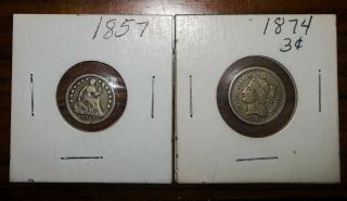 1857 Seated Liberty Half Dime & 1874 3 Cent Nickel/circulated