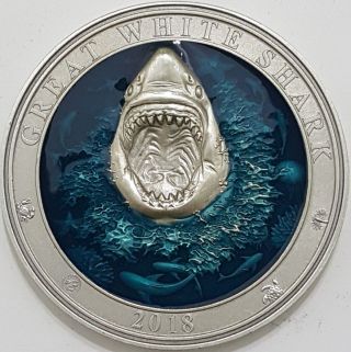 Barbados 2018 3 Oz Silver $5 Great White Shark Underwater World Coin.