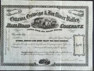 Ottawa Oswego & Fox River Valley Railroad Co Stock 1869 Il Nehemiah Bushnell Sig