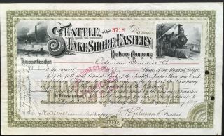 Seattle,  Lake Shore & Eastern Railway Co Stock 1889.  Historic Railroad.  Vf,  Rare