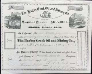 Harbor Creek Oil & Mining Co Stock 1871 Tionesta,  Forest Co.  Pa.  S.  Griffith Vf,