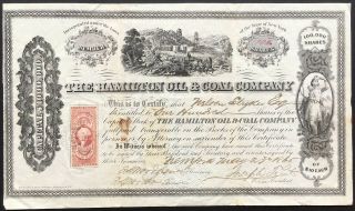 Hamilton Oil & Coal Company Stock 1865.  York.  Very Attractive Certificate Vf