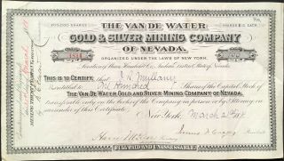 Van De Water Gold & Silver Mining Co Stock 1881 Humbolt Co,  Nv " Indian District "