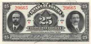 México / Sonora 25 Centavos 1.  1.  1915 Series E Uncirculated Banknote Lb06017jw