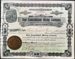 Inyo Consol.  Mining Co Stock 1898 Inyo Co Ca Panamint Death Valley U.  S.  Grant Jr