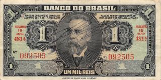 Brazil 1 Mil Reis Nd.  1923 Series 481a Est.  1a Circulated Banknote 2lb2