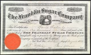 Franklin Sugar Company Stock 1884.  York City.  Early Sugar Refinery