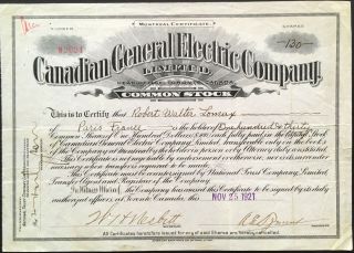 Canadian General Electric Co,  Ltd Stock 1921 Toronto " Montreal Certificate " Rare